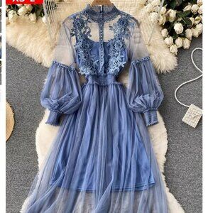 Elegant Blue Sheer Lace Tulle Appliqué Cocktail Dress ✨